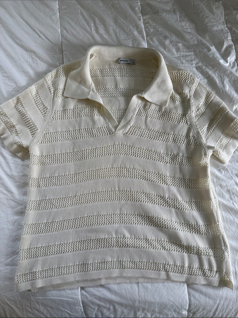 Open-Weave Polo Sweater in Cream